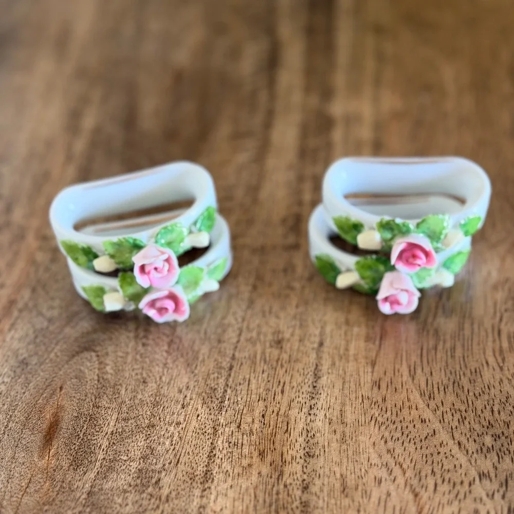 AK Kaiser Porcelain Napkin Rings Set of‎ 4 Pink Rose Floral West Germany Vintage
